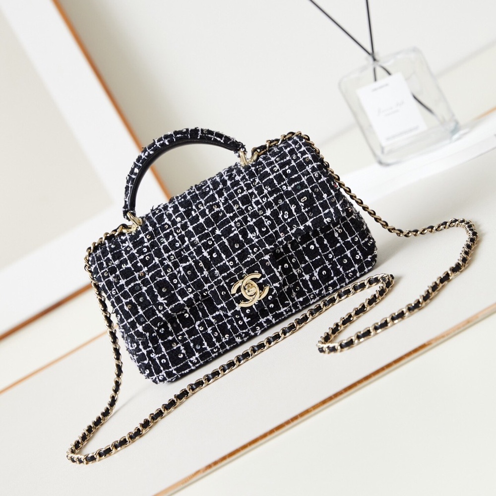 Chanel Black & White Tweed Top Handle Flap Bag